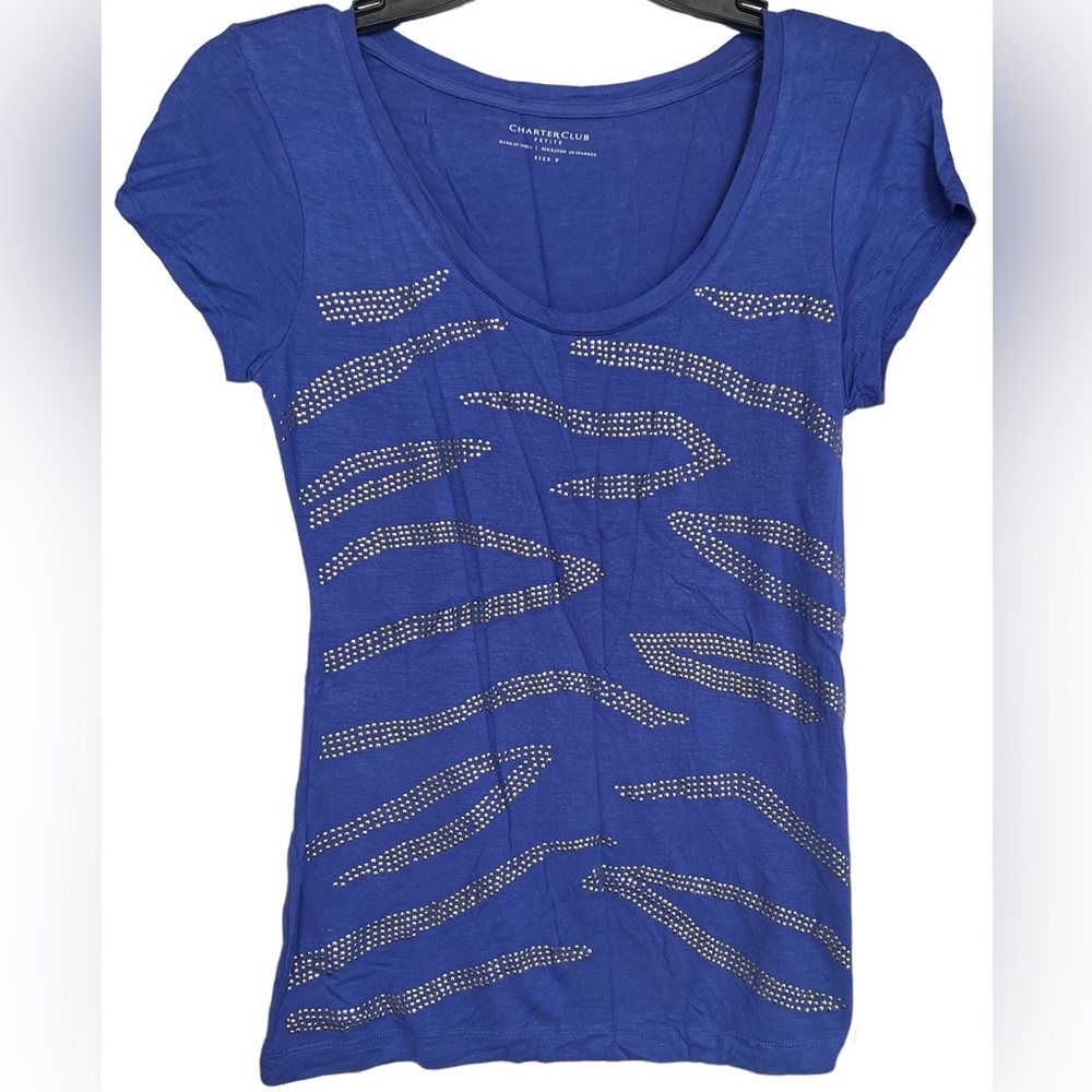 Charter Club Blue Studded Short Sleeve Scoop Neck Top Tee Petite XS